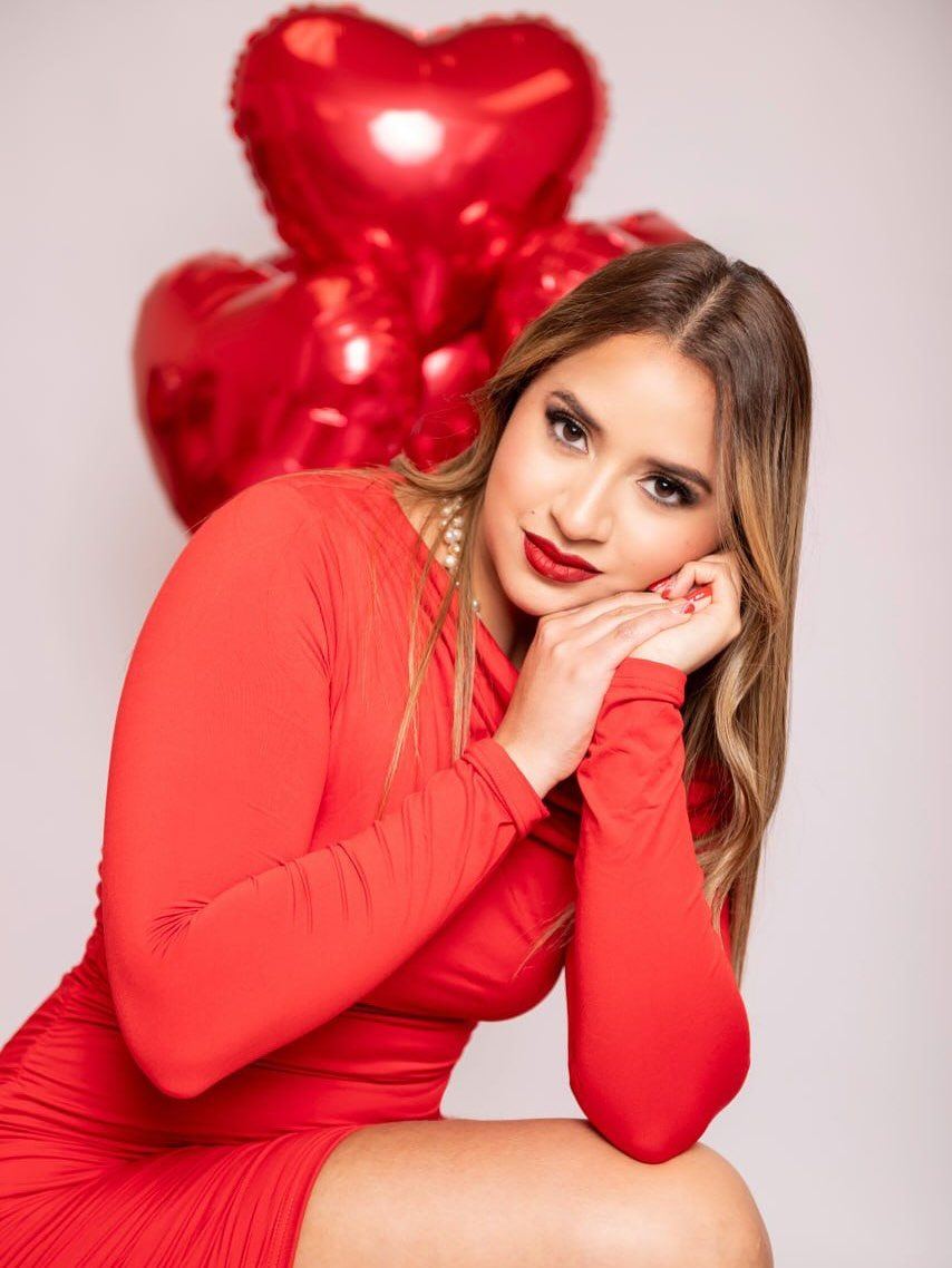 Birthday portrait in red with heart balloons