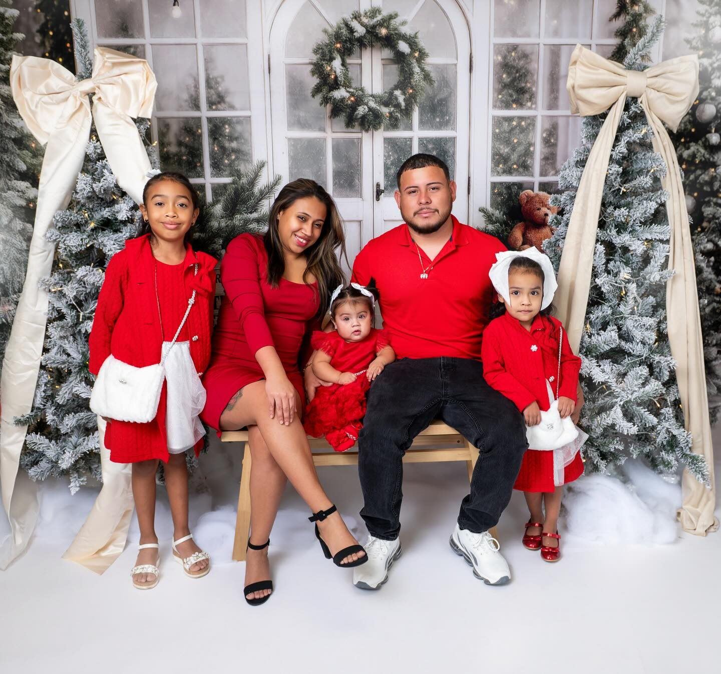 Family holiday session in red against a winter set